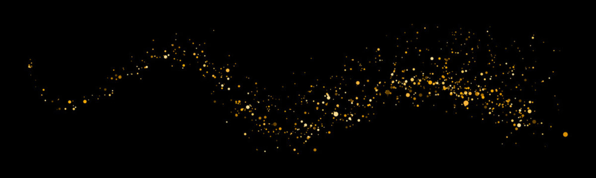 Radiant glitter sparks and soft magical dust. Abstract gold wave with bokeh particles on black background, glowing golden line and shiny dust trail. 