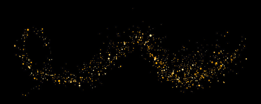 Radiant glitter sparks and soft magical dust. Abstract gold wave with bokeh particles on black background, glowing golden line and shiny dust trail. 