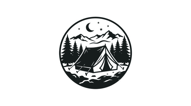Camping tent vector illustration featuring mountain landscape scenery with pine trees under a moonlit night sky