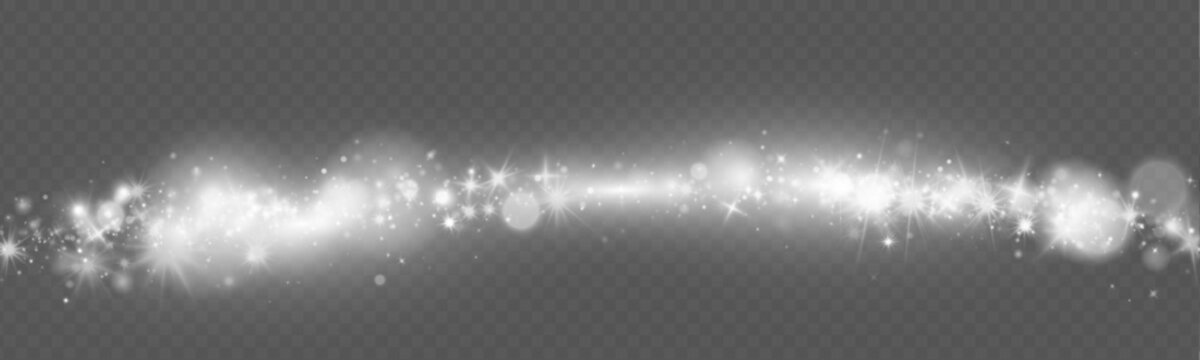 Radiant lens flare shines through transparent background surrounded by glitter dust and glowing particles. White bokeh adds depth and luminous sparkle. Vector PNG illustration isolated.
