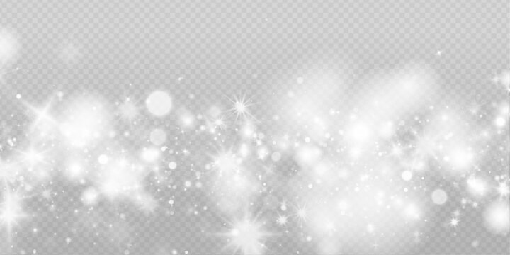 Glowing white glitter with transparent dust and bokeh light effect. Bright sparkle texture, floating highlights and soft blur. Vector PNG illustration isolated.