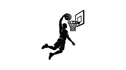 Basketball player silhouette performing a powerful slam dunk into the hoop black and white vector illustration © VectroGraphy