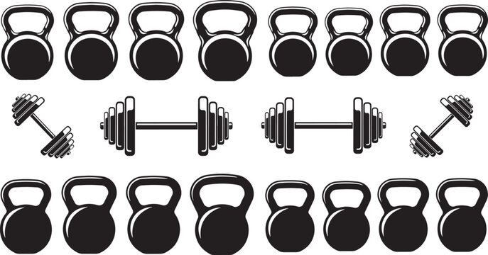Gym fitness equipment collection featuring various iron kettlebells and barbells for strength training workout routines isolated on transparent background.