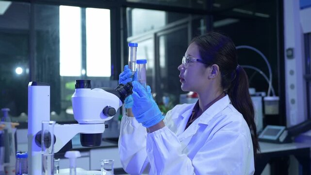 Female scientist comparing test tubes samples in a modern biotechnology laboratory working on a vaccine