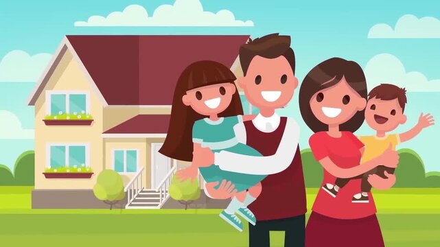 2D Animated Happy Family in Front of Suburban House, Parents holding Son and Daughter Outside New Real Estate Property, Flat Vector Landscape