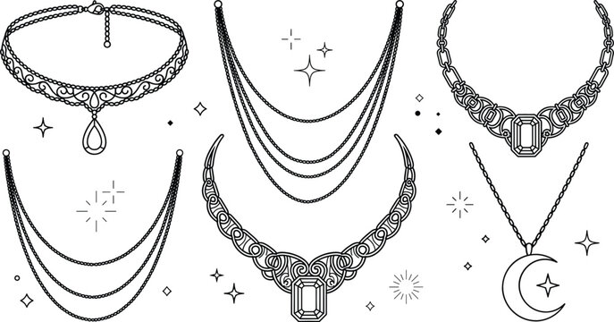 Luxury jewelry necklaces and elegant chokers icons set featuring outline linear vector illustrations of chains pendants gems
