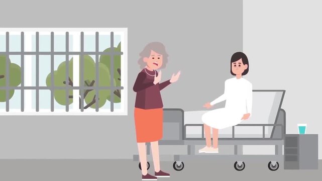 2D Animated Jail Visitation Scene, Elderly Mother Visiting Inmate Daughter in Prison Cell Room, Crime and Family Support Vector Flat Design