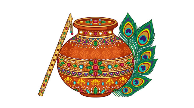 Traditional Indian Pot with Flute and Peacock Feathers for Janmashtami.