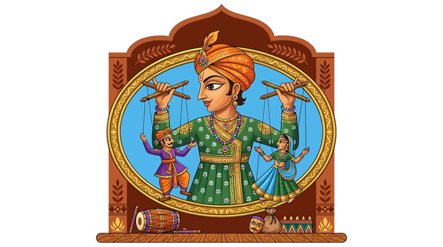 Traditional Indian puppeteer in vibrant attire performing with string puppets.