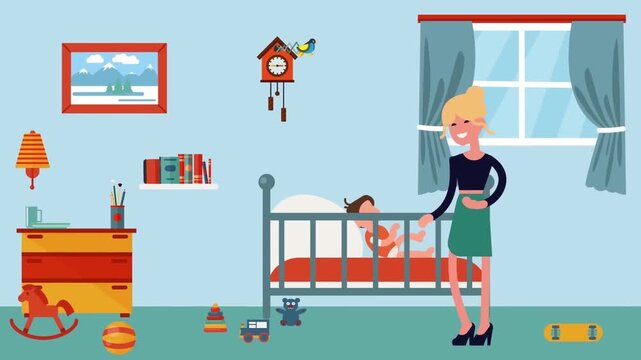 2D Animated Children Bedroom Interior, Mother Putting Little Toddler Kid to Sleep in Crib Bed, Goodnight Parenting Concept Flat Vector Design