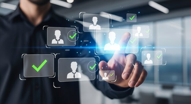 Professional businessman interacting with a digital holographic interface for recruiting and selecting new job candidates