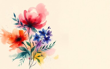 Obraz premium Watercolor bouquet of red orange and blue flowers with green foliage on cream paper