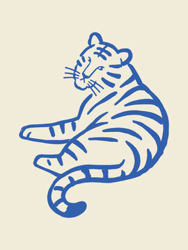 Tiger Sitting Naive Doodle Vector Illustration