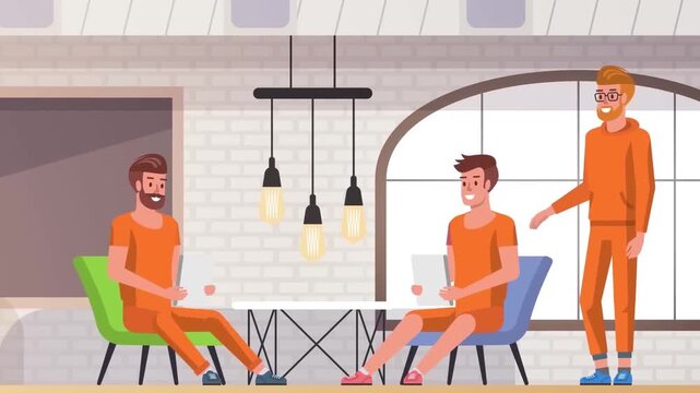 2D Animated Modern Restaurant Interior, Men Sitting at Table Talking and Having Drinks, Friends Socializing Pub Lounge Flat Vector Design