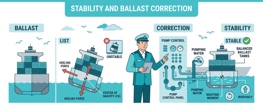 Ship Stability and Ballast Correction Explained: Diagram of Forces and Control Panel