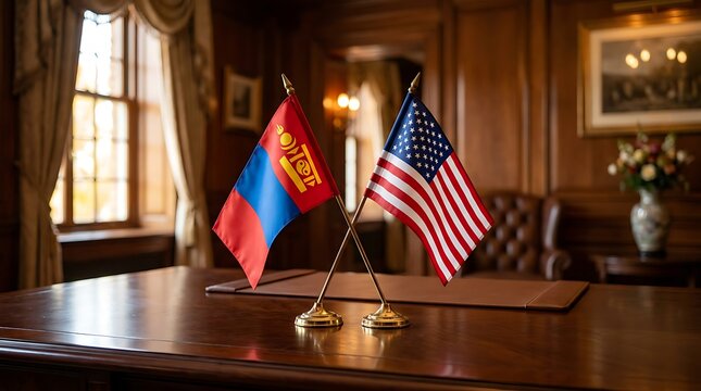 Mongolia and United States Desk Flags Representing Diplomatic Relations and Bilateral Partnership