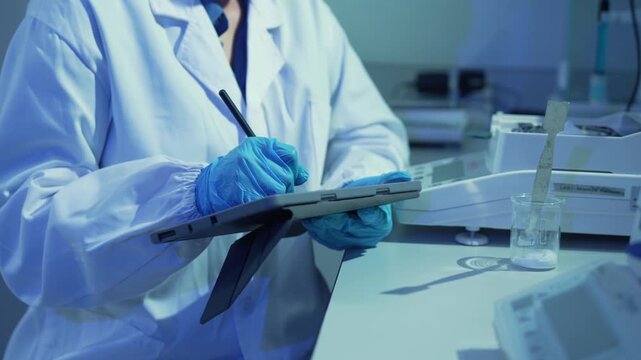 Scientist in a lab coat writing data on a tablet and using a digital scale for scientific research in a laboratory