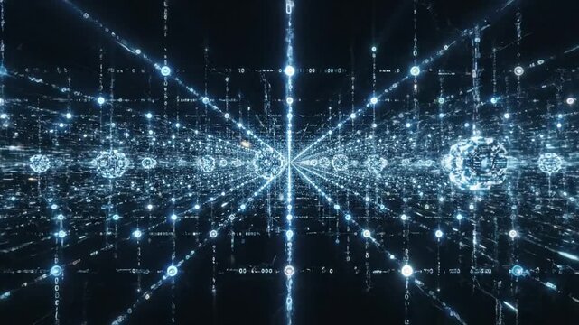 Futuristic digital network with glowing geometric cube and binary code streams in a dark technological environment Keywords: technology, futuristic, digital, network, binary code, data, cyberspace