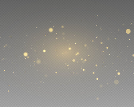 Magic glowing gold stars scatter brilliant glitter across transparent background with soft radiant beams. Yellow dust sparkle beside luminous bokeh circles. Vector PNG illustration.