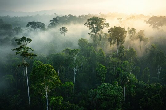 Rainforest mist forest canopy haze dawn sunlight evergreen trees landscape