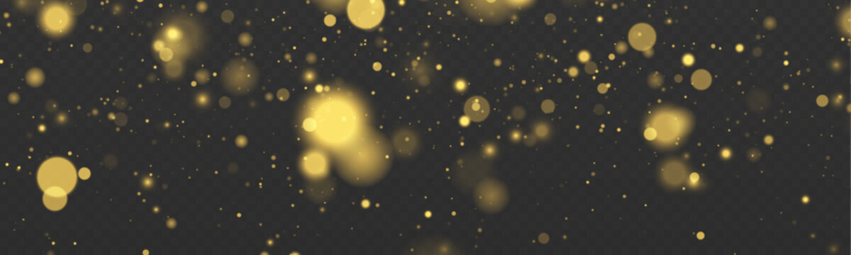 Magic glowing gold stars scatter brilliant glitter across transparent background with soft radiant beams. Yellow dust sparkle beside luminous bokeh circles. Vector PNG illustration.