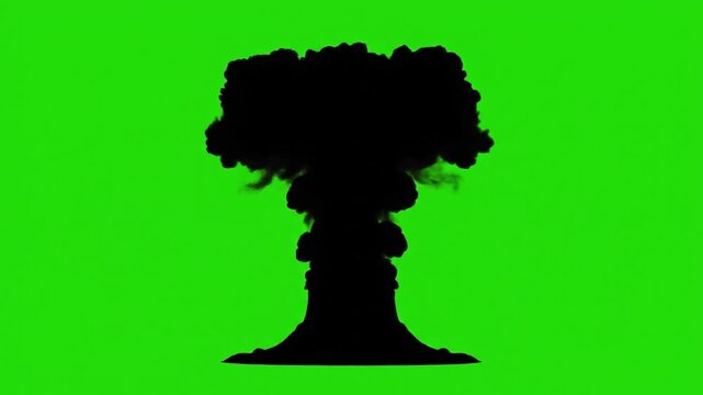 Silhouette of a nuclear mushroom cloud forming against a green screen background for compositing