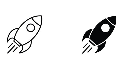 Professional Minimal Vector Icon Space rocket ship launch icon in outline and solid glyph Editable Stroke, Outline and Solid Style, Black Monochrome, Isolated on White Background © Saiful Stock