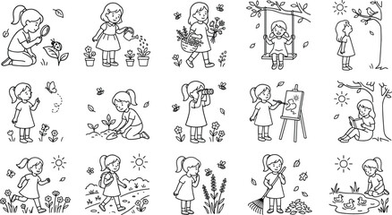 Obraz premium Kids Outdoor Activity Line Icon Set Featuring Gardening, Nature Exploration, Painting, Swing, Flower Care, and Seasonal Play Illustrations