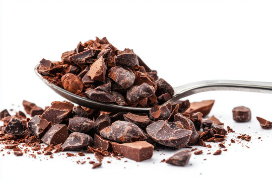 Raw cacao nibs spoon isolated chocolate brown pile sweet ingredient
