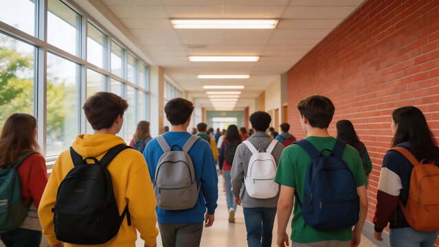 Students walking in school hallway