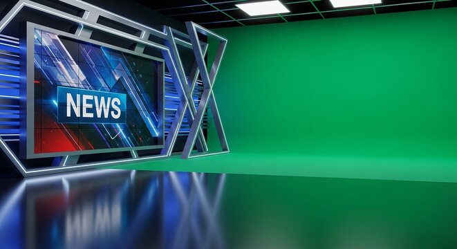 Modern virtual news studio set with a large screen and vibrant green screen background area