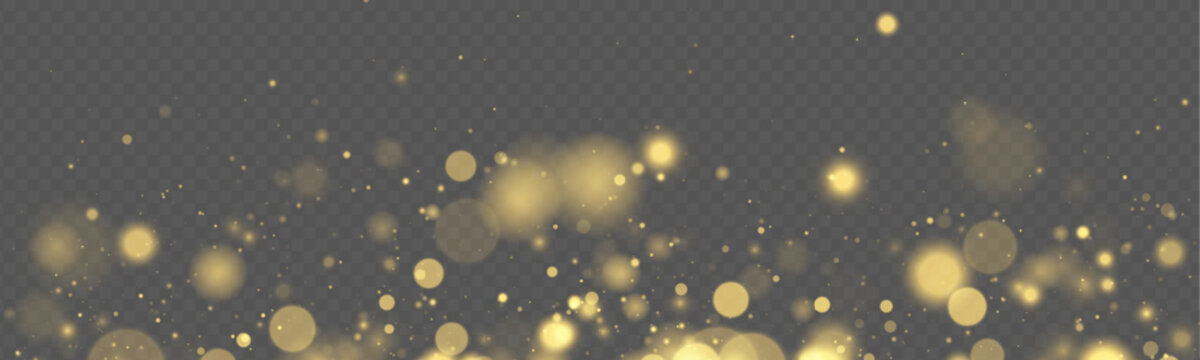 Bright bokeh circles blend into a festive glow. Golden light particles shimmer through transparent space with radiant glitter and luminous dust. Vector PNG illustration with sparkling texture.