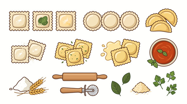 Collection of fresh ravioli pasta and ingredients for cooking.