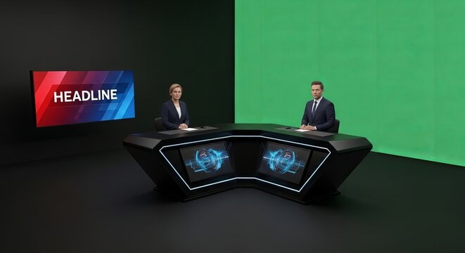Professional news anchors sitting at a modern television studio desk with a bright green screen