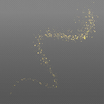 Glitter gold dust on transparent background with glowing bokeh and soft highlights. Floating shimmer particles sparkle naturally. Vector PNG illustration with light overlay and lens flare.