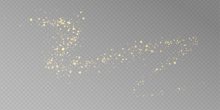 Ethereal gold sparkle trail with fluid motion and glowing stardust effect. Bright bokeh circles, soft light haze and glitter texture. Vector PNG illustration