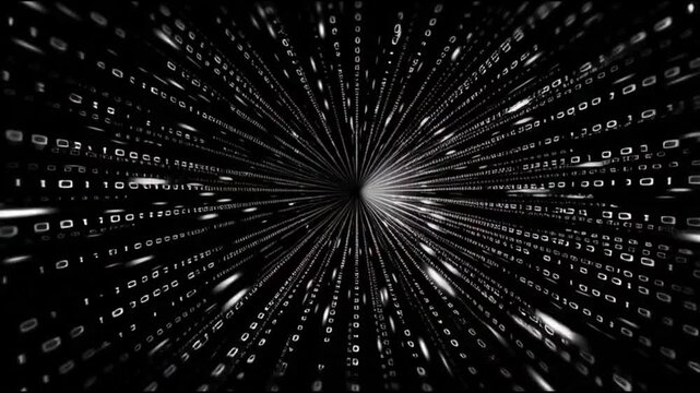 Flying through binary code in a digital information tunnel