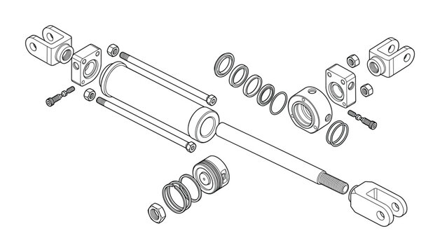 Exploded view diagram showing components of a hydraulic cylinder assembly