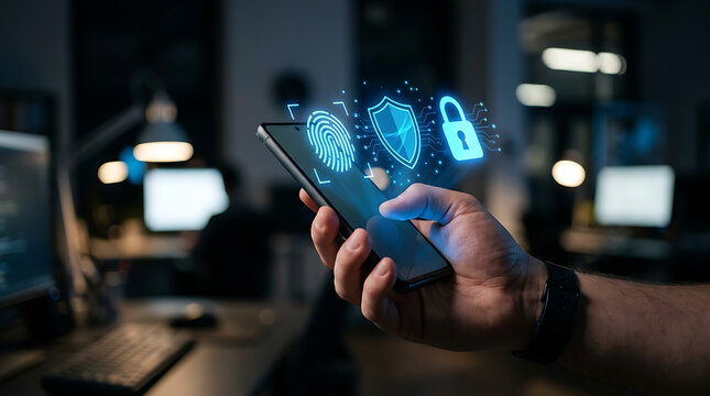 Digital security concept featuring fingerprint authentication and cyber protection shields