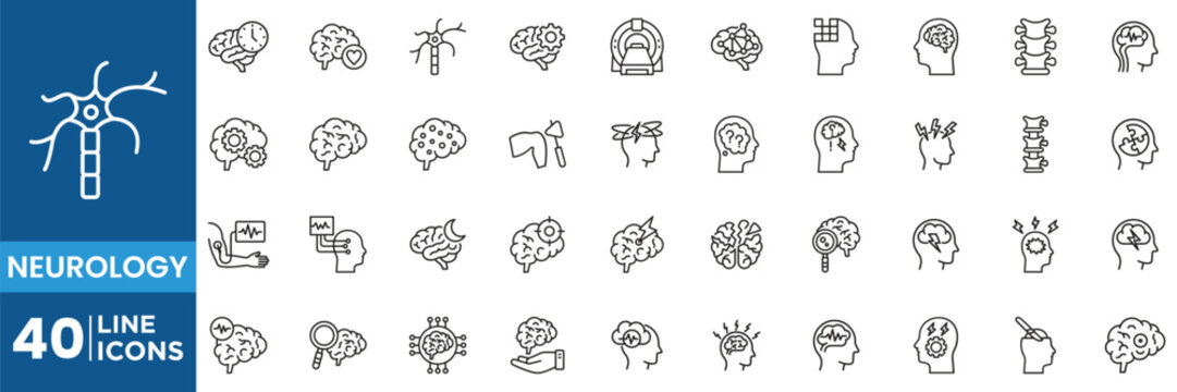 Neurology Medical Line Icons Set with Brain, Neuron, Spine, MRI, Mental Health, Nervous System and Neuroscience Vector Collection