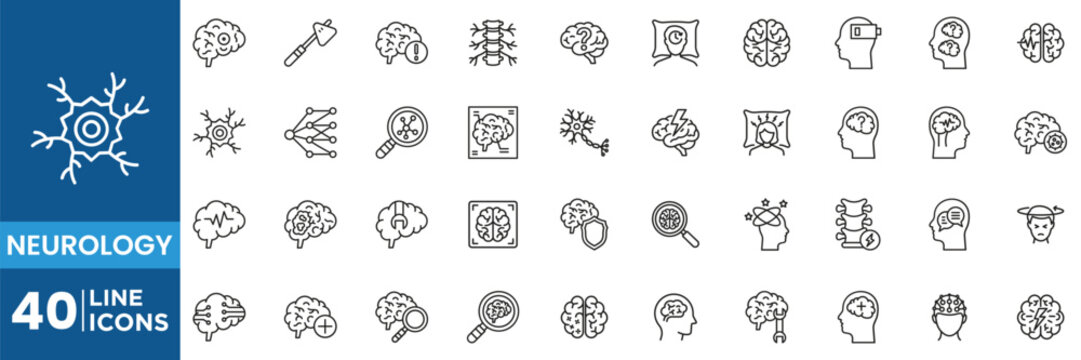 Neurology Medical Line Icons Set with Brain, Neuron, Spine, MRI, Mental Health, Nervous System and Neuroscience Vector Collection