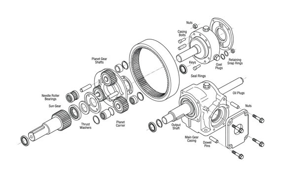 Technical exploded view diagram of an industrial gear assembly and mechanical parts