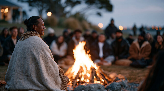 Maori World Mental Health Day community gathering around outdoor fire with elders guiding talking circle, indigenous wellbeing practice, New Zealand cultural healing tradition,