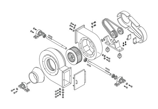 Industrial centrifugal fan assembly exploded view technical diagram