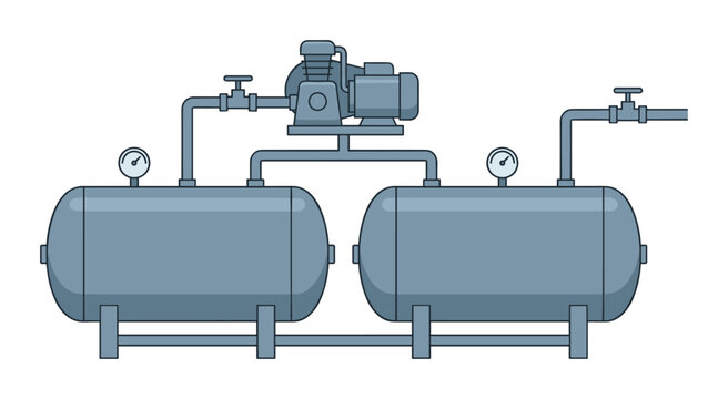 Industrial dual tank air compressor system with motor and pressure gauges
