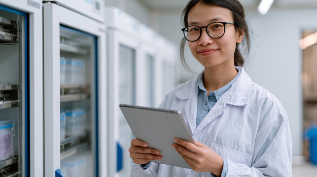 Vietnamese laboratory technician in a fermentation research facility monitoring bacterial culture growth in rows of incubators, sterile white environment, digital logbooks, gut