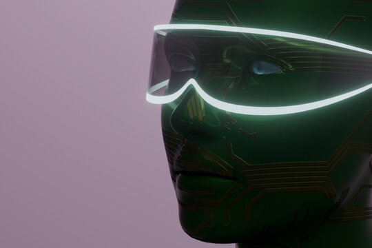 Green circuit humanoid wearing glowing smart visor