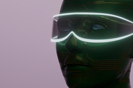 Green circuit humanoid wearing glowing smart visor