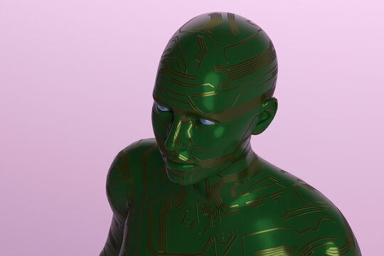 Green circuit humanoid portrait on purple background