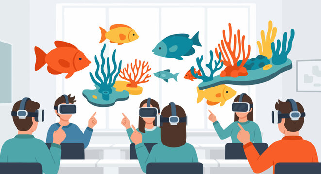People using virtual reality headsets to interact with digital fish